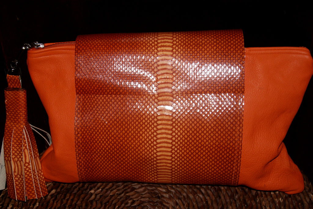 Buy Orange Leather Pouch, Embossed Python